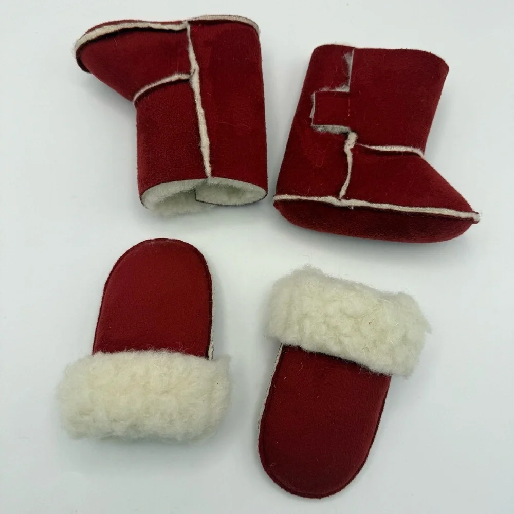 Newborn Girl's Infant Scandinavian Red Lamb Wool Leather Fuzzy Boots & Gloves NB